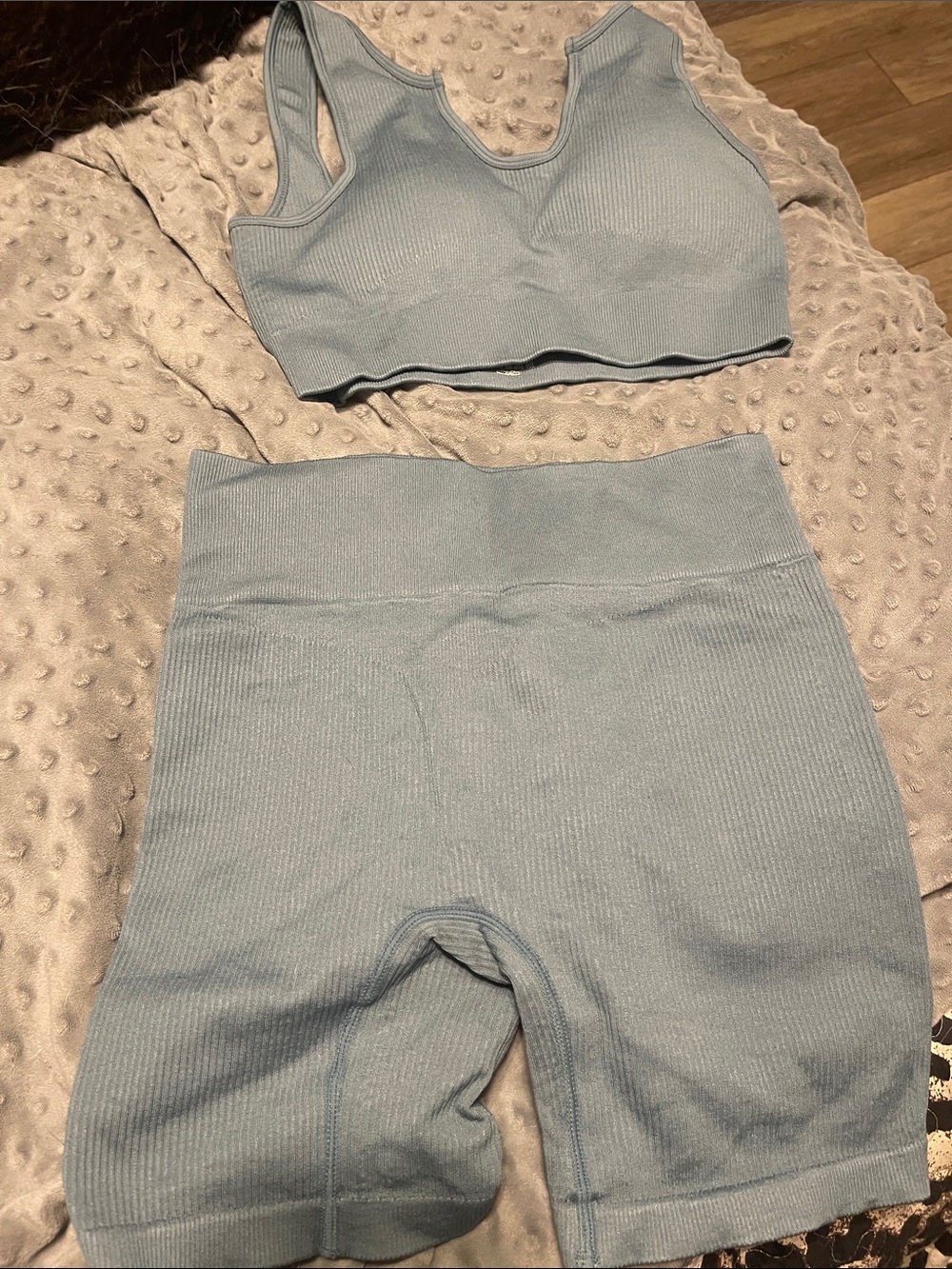 Seamless Light Blue Ribbed Bike Shorts & Crop Top Set
